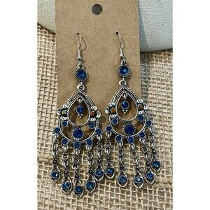 Victorian Goth Chandelier Blue Rhinestones Silver Tone Earrings Fairy Grunge